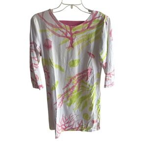Anaclare NEW Candy Dress‎ White Pink Green Coral Print 3/4 Sleeve Beach Dress M